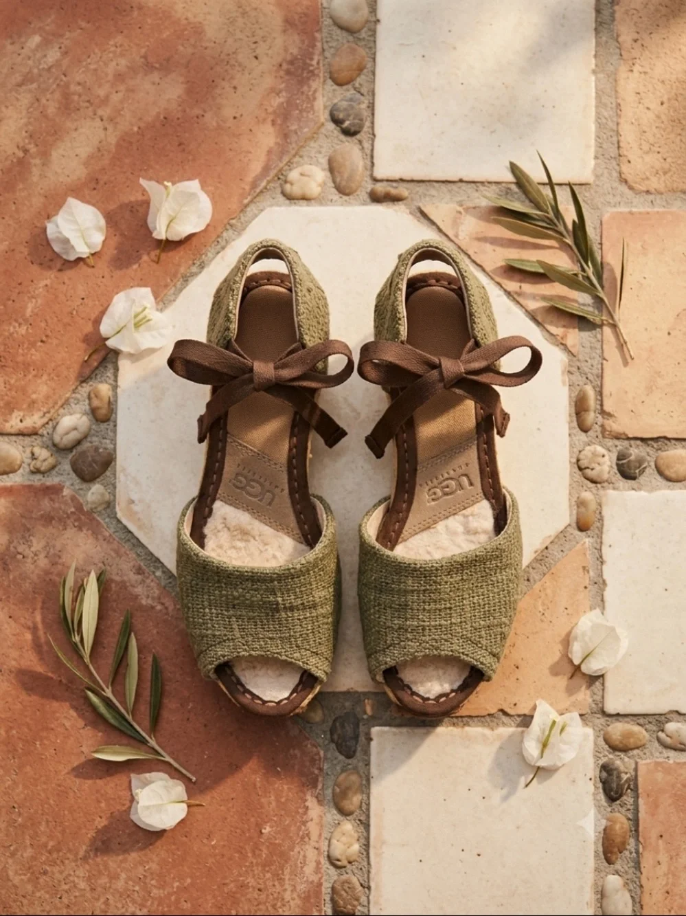 UGG Olive Green Wedge Espadrille Sandals with Brown Ribbon Ties 6